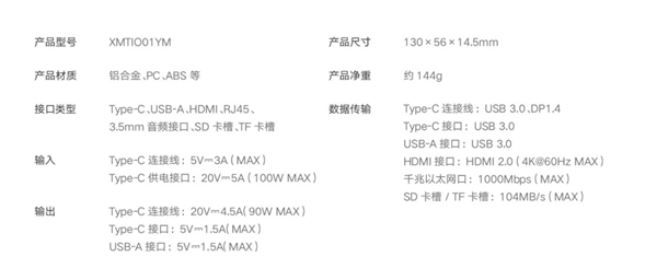 199元 小米Type-C十合一扩展坞正式开售：4K投屏、100W快充