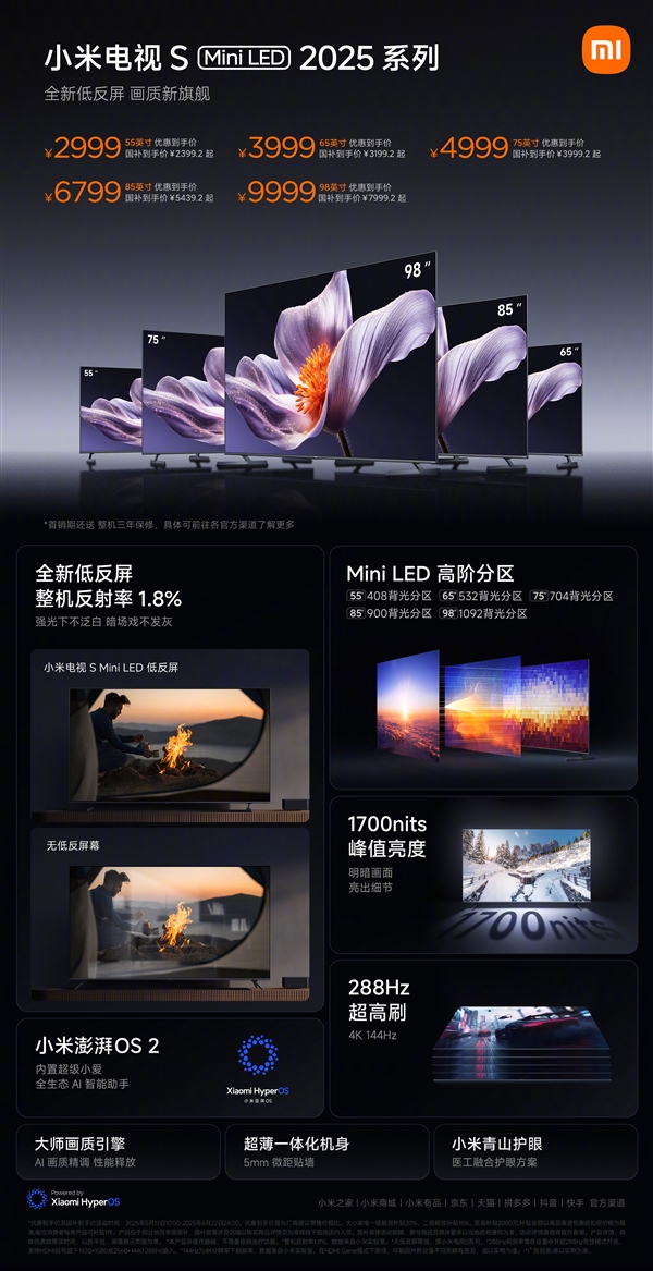 小米首款低反屏 55-98英寸全覆盖！小米电视S Mini LED 2025系列发布